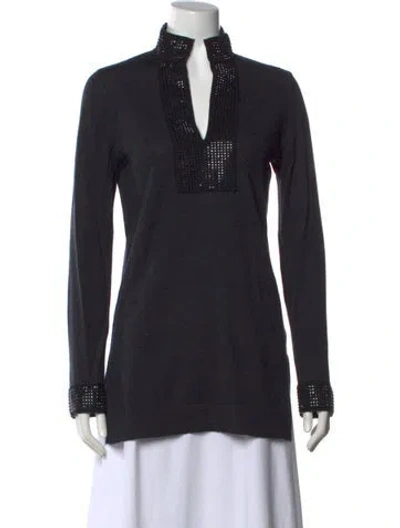 Pre-owned Tory Burch Merino Wool V-neck Sweater In Gray