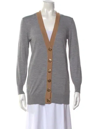 Pre-owned Tory Burch Merino Wool V-neck Sweater In Gray
