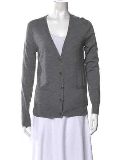 Pre-owned Tory Burch Merino Wool V-neck Sweater In Gray