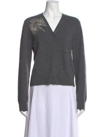Pre-owned Tory Burch Merino Wool V-neck Sweater In Gray