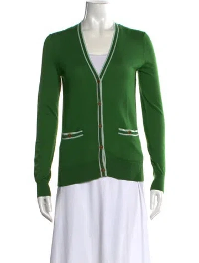 Pre-owned Tory Burch Merino Wool V-neck Sweater In Green