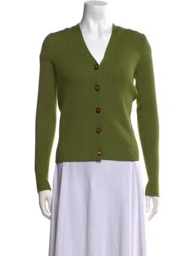 Pre-owned Tory Burch Merino Wool V-neck Sweater In Green
