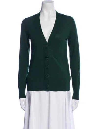 Pre-owned Tory Burch Merino Wool V-neck Sweater In Green
