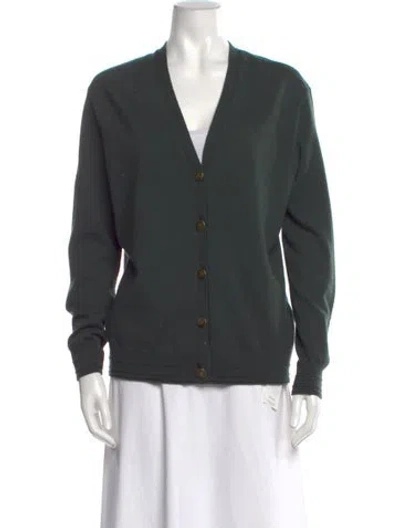 Pre-owned Tory Burch Merino Wool V-neck Sweater In Green