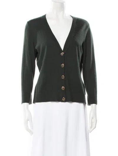 Pre-owned Tory Burch Merino Wool V-neck Sweater In Green