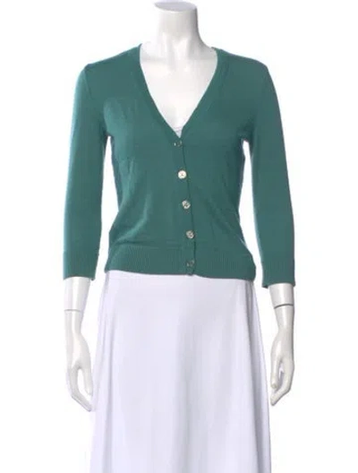 Pre-owned Tory Burch Merino Wool V-neck Sweater In Green