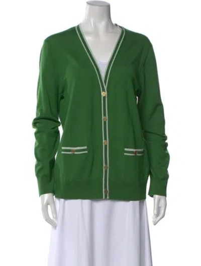 Pre-owned Tory Burch Merino Wool V-neck Sweater In Green