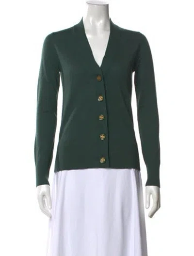 Pre-owned Tory Burch Merino Wool V-neck Sweater In Green