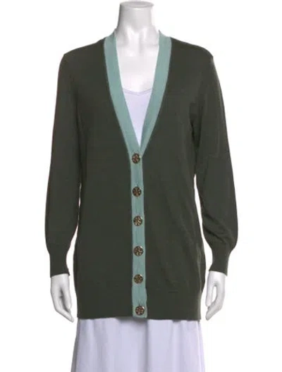Pre-owned Tory Burch Merino Wool V-neck Sweater In Green