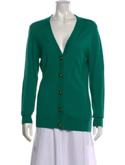 Pre-owned Tory Burch Merino Wool V-neck Sweater In Green