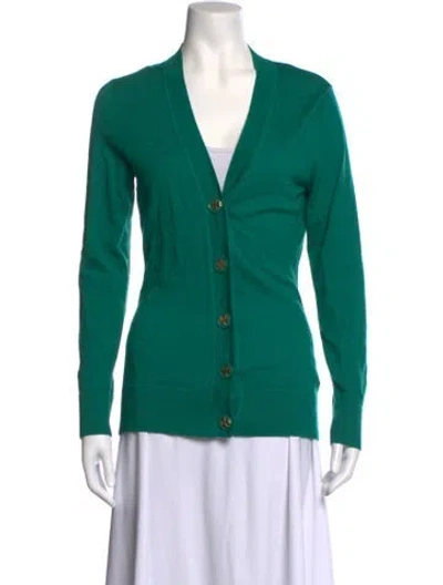 Pre-owned Tory Burch Merino Wool V-neck Sweater In Green