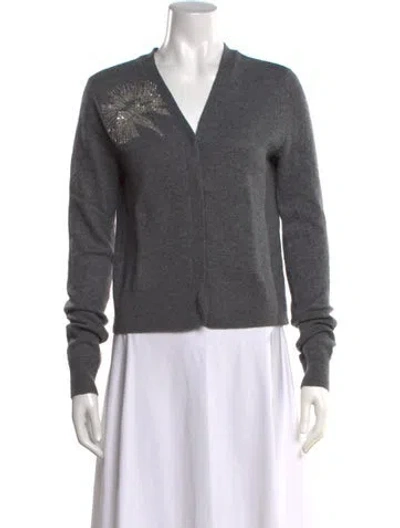 Pre-owned Tory Burch Merino Wool V-neck Sweater In Grey