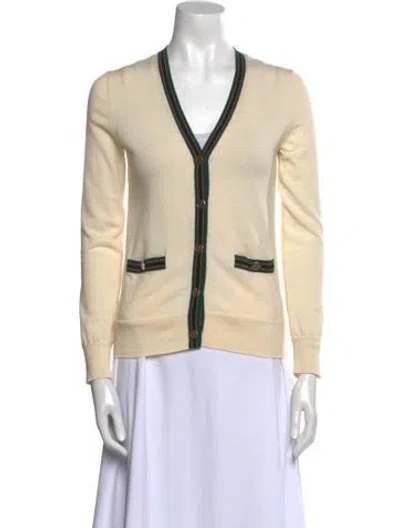 Pre-owned Tory Burch Merino Wool V-neck Sweater In Neutral