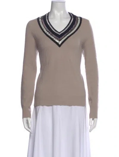 Pre-owned Tory Burch Merino Wool V-neck Sweater In Neutral