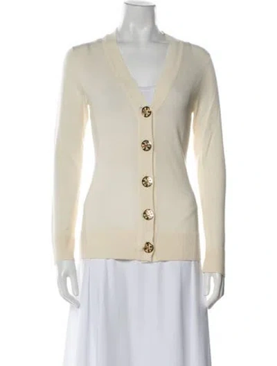 Pre-owned Tory Burch Merino Wool V-neck Sweater In Neutral