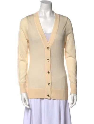 Pre-owned Tory Burch Merino Wool V-neck Sweater In Neutral
