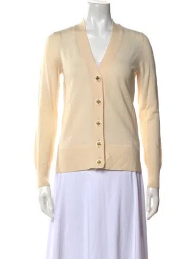 Pre-owned Tory Burch Merino Wool V-neck Sweater In Neutral
