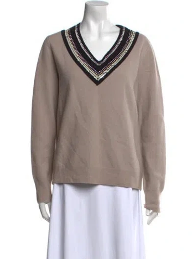 Pre-owned Tory Burch Merino Wool V-neck Sweater In Neutral