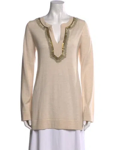 Pre-owned Tory Burch Merino Wool V-neck Sweater In Neutral