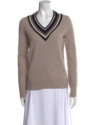 Pre-owned Tory Burch Merino Wool V-neck Sweater In Neutral