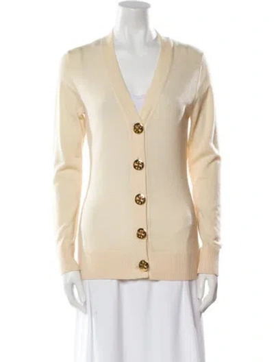 Pre-owned Tory Burch Merino Wool V-neck Sweater In Neutral