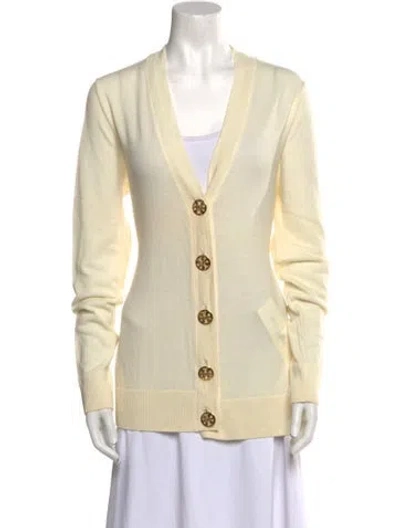 Pre-owned Tory Burch Merino Wool V-neck Sweater In Neutral