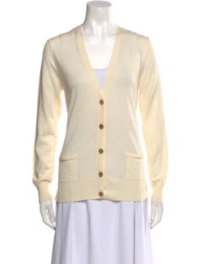 Pre-owned Tory Burch Merino Wool V-neck Sweater In Neutral