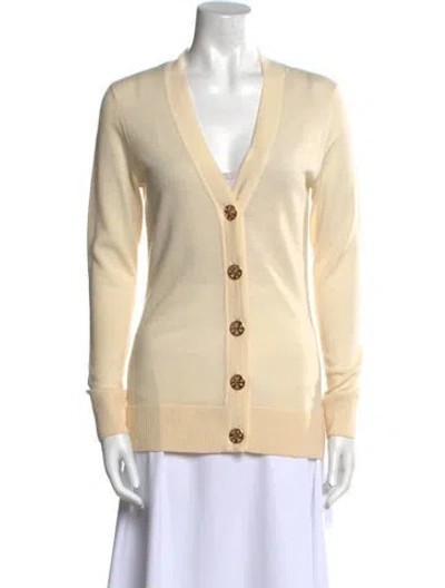 Pre-owned Tory Burch Merino Wool V-neck Sweater In Neutral