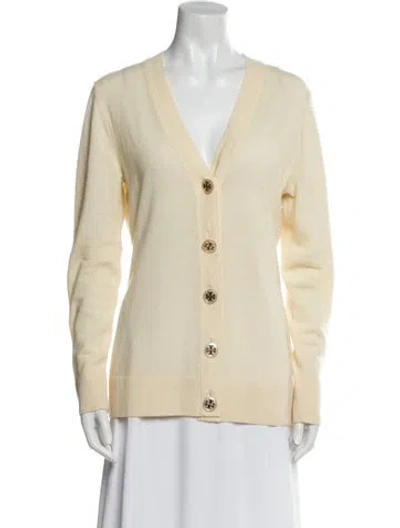 Pre-owned Tory Burch Merino Wool V-neck Sweater In Neutral