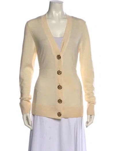 Pre-owned Tory Burch Merino Wool V-neck Sweater In Neutral
