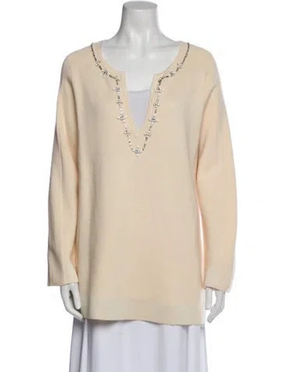 Pre-owned Tory Burch Merino Wool V-neck Sweater In Neutral