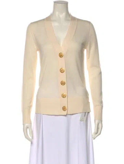 Pre-owned Tory Burch Merino Wool V-neck Sweater In Neutral