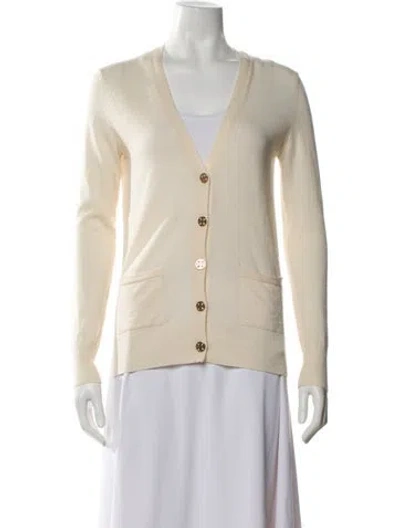 Pre-owned Tory Burch Merino Wool V-neck Sweater In Neutral
