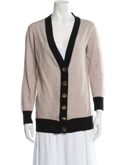 Pre-owned Tory Burch Merino Wool V-neck Sweater In Neutral
