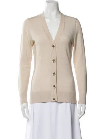 Pre-owned Tory Burch Merino Wool V-neck Sweater In Neutral
