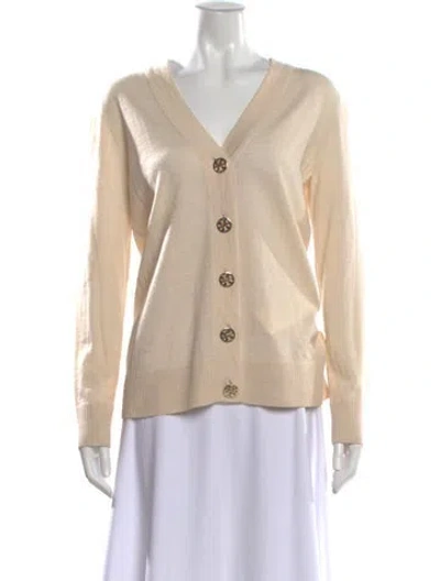 Pre-owned Tory Burch Merino Wool V-neck Sweater In Neutral