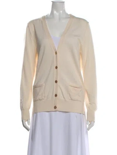 Pre-owned Tory Burch Merino Wool V-neck Sweater In Neutral