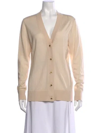 Pre-owned Tory Burch Merino Wool V-neck Sweater In Neutral