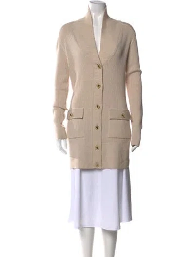 Pre-owned Tory Burch Merino Wool V-neck Sweater In Neutral