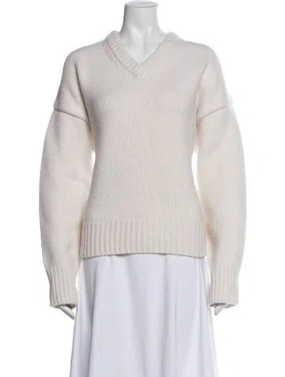 Pre-owned Tory Burch Merino Wool V-neck Sweater In Neutral
