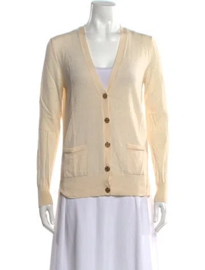 Pre-owned Tory Burch Merino Wool V-neck Sweater In Neutral