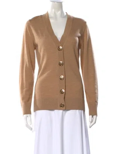 Pre-owned Tory Burch Merino Wool V-neck Sweater In Neutral