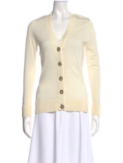 Pre-owned Tory Burch Merino Wool V-neck Sweater In Neutral