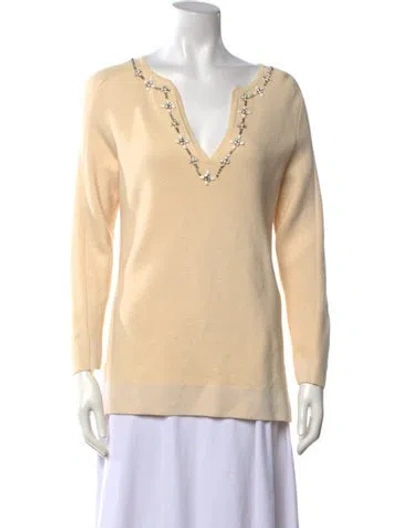 Pre-owned Tory Burch Merino Wool V-neck Sweater In Neutrals