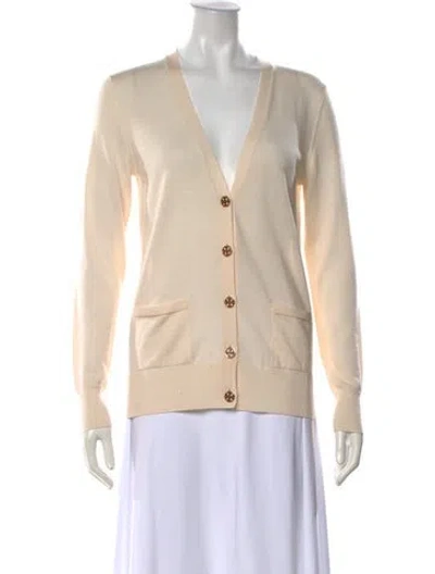 Pre-owned Tory Burch Merino Wool V-neck Sweater In Neutrals