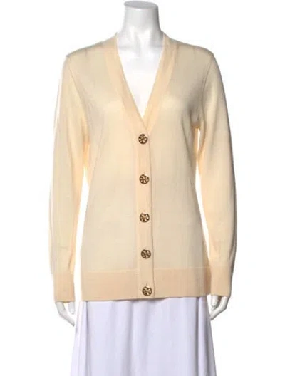 Pre-owned Tory Burch Merino Wool V-neck Sweater In Neutrals