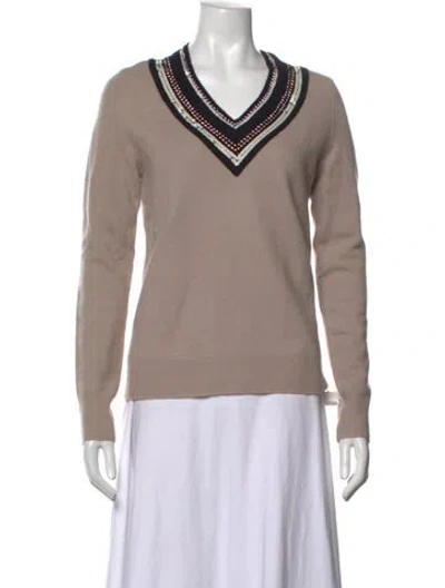 Pre-owned Tory Burch Merino Wool V-neck Sweater In Neutrals