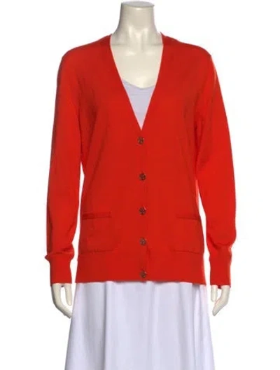 Pre-owned Tory Burch Merino Wool V-neck Sweater In Orange