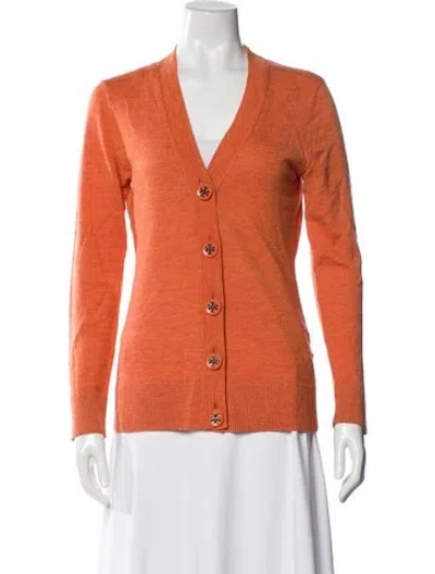 Pre-owned Tory Burch Merino Wool V-neck Sweater In Orange