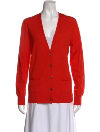 Pre-owned Tory Burch Merino Wool V-neck Sweater In Orange